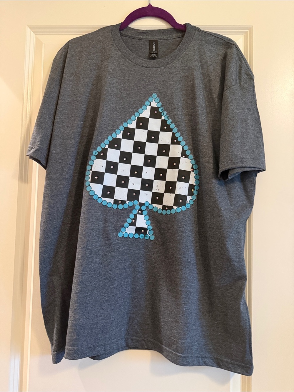 Gildan Tee with Black & Teal Checker Spade Graphic & Embellished- NEW Never Worn
